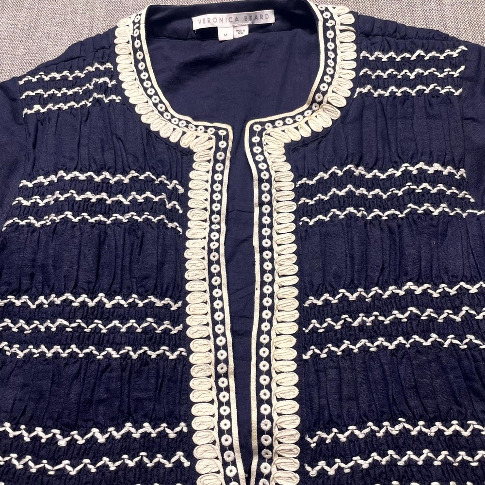 Veronica Beard Dorian Cropped Jacket Womens M Blue Floral Embroidery Smocked - Picture 3 of 11